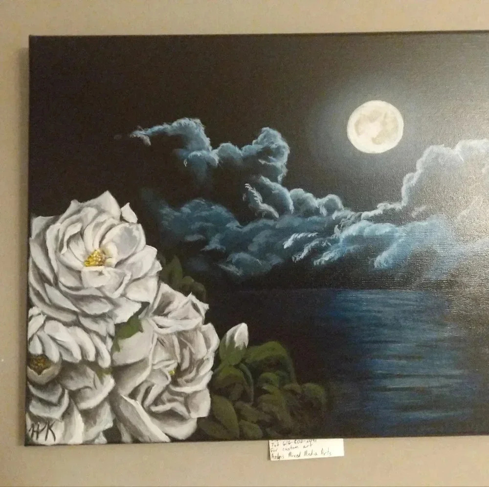 White rose at night one of kind acrylic painting wall art